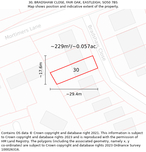 30, BRADSHAW CLOSE, FAIR OAK, EASTLEIGH, SO50 7BS: Plot and title map