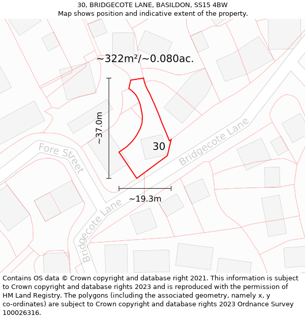 30, BRIDGECOTE LANE, BASILDON, SS15 4BW: Plot and title map