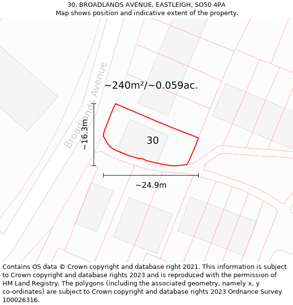 30, BROADLANDS AVENUE, EASTLEIGH, SO50 4PA: Plot and title map