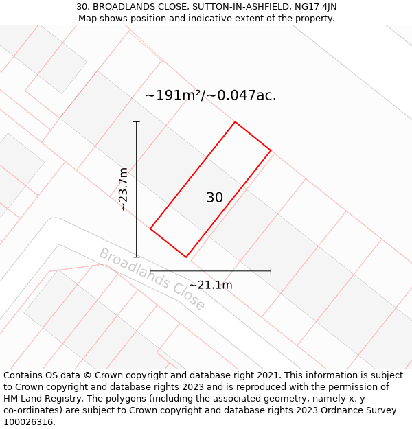 30, BROADLANDS CLOSE, SUTTON-IN-ASHFIELD, NG17 4JN: Plot and title map