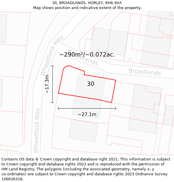 30, BROADLANDS, HORLEY, RH6 9XA: Plot and title map