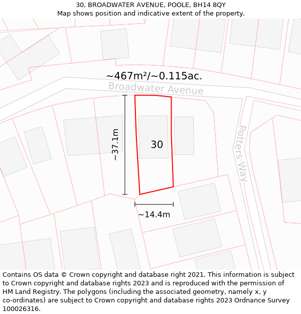 30, BROADWATER AVENUE, POOLE, BH14 8QY: Plot and title map