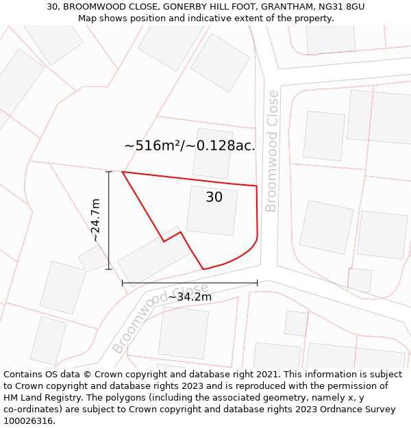 30, BROOMWOOD CLOSE, GONERBY HILL FOOT, GRANTHAM, NG31 8GU: Plot and title map