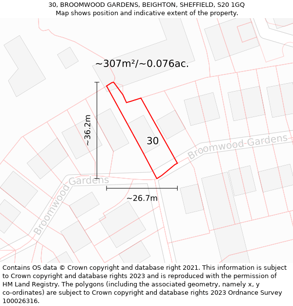 30, BROOMWOOD GARDENS, BEIGHTON, SHEFFIELD, S20 1GQ: Plot and title map