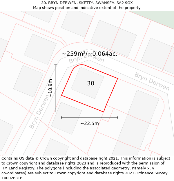 30, BRYN DERWEN, SKETTY, SWANSEA, SA2 9GX: Plot and title map