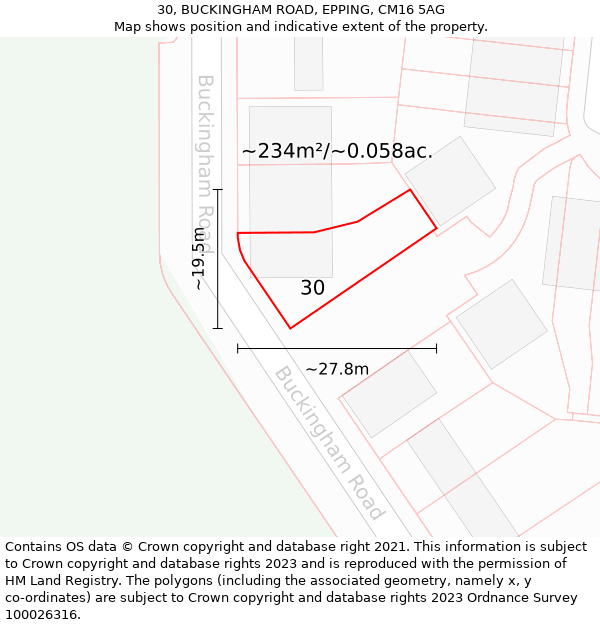 30, BUCKINGHAM ROAD, EPPING, CM16 5AG: Plot and title map