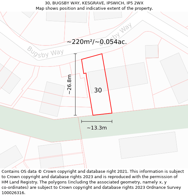 30, BUGSBY WAY, KESGRAVE, IPSWICH, IP5 2WX: Plot and title map