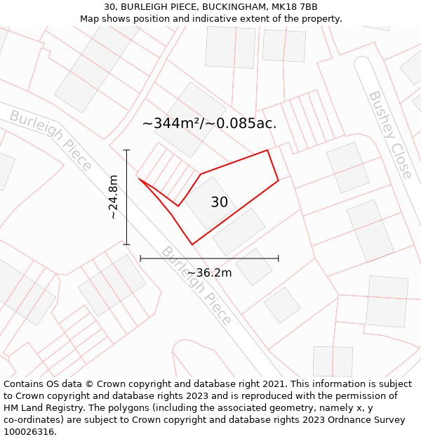 30, BURLEIGH PIECE, BUCKINGHAM, MK18 7BB: Plot and title map