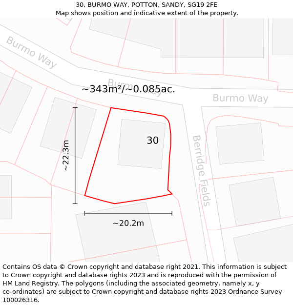 30, BURMO WAY, POTTON, SANDY, SG19 2FE: Plot and title map