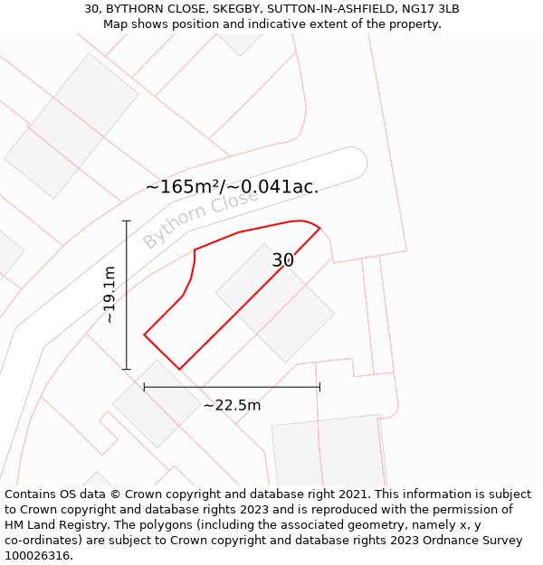 30, BYTHORN CLOSE, SKEGBY, SUTTON-IN-ASHFIELD, NG17 3LB: Plot and title map