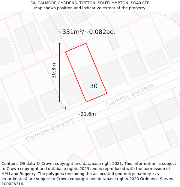 30, CALMORE GARDENS, TOTTON, SOUTHAMPTON, SO40 8ER: Plot and title map