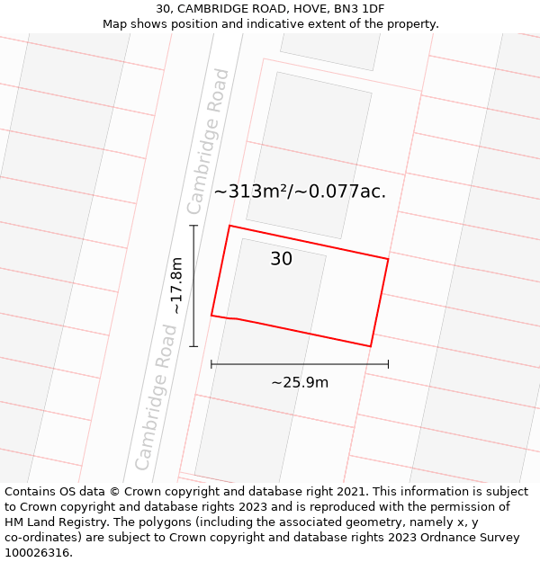 30, CAMBRIDGE ROAD, HOVE, BN3 1DF: Plot and title map