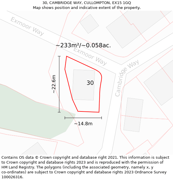 30, CAMBRIDGE WAY, CULLOMPTON, EX15 1GQ: Plot and title map