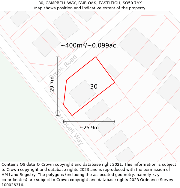 30, CAMPBELL WAY, FAIR OAK, EASTLEIGH, SO50 7AX: Plot and title map