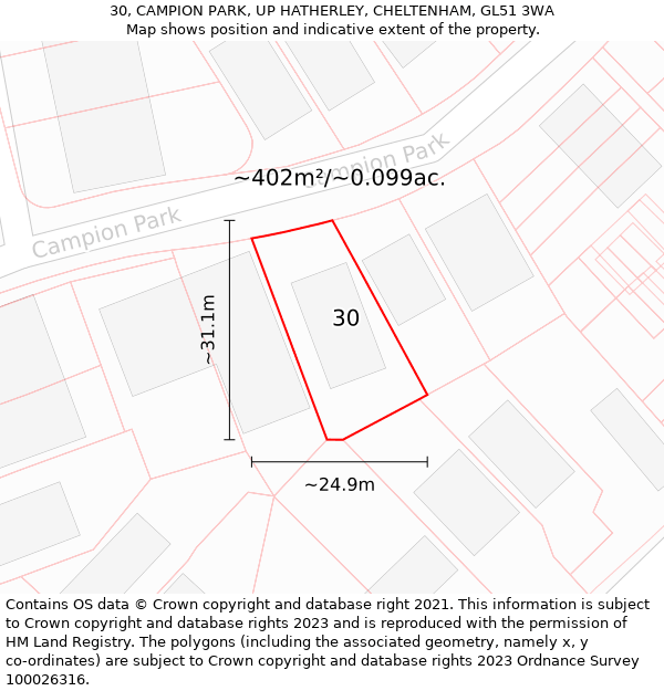 30, CAMPION PARK, UP HATHERLEY, CHELTENHAM, GL51 3WA: Plot and title map