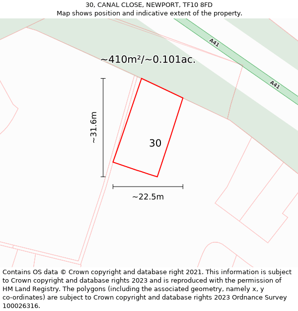 30, CANAL CLOSE, NEWPORT, TF10 8FD: Plot and title map