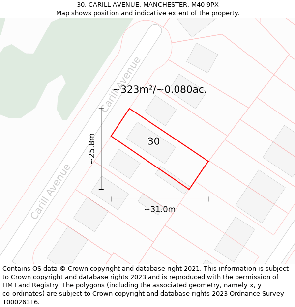 30, CARILL AVENUE, MANCHESTER, M40 9PX: Plot and title map