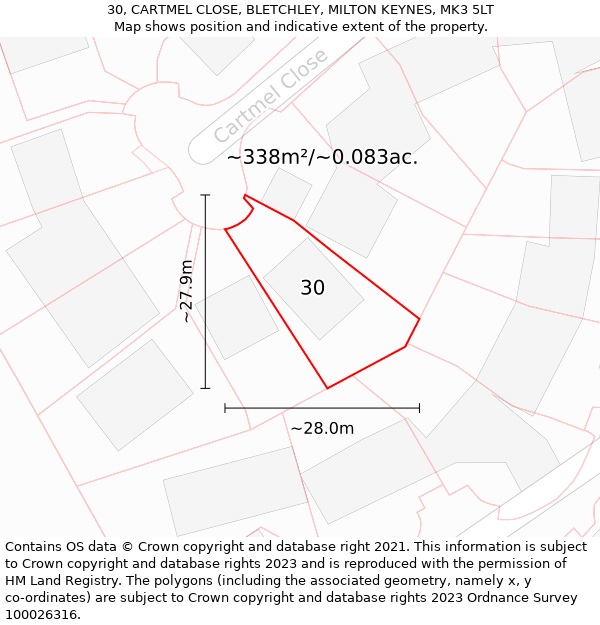 30, CARTMEL CLOSE, BLETCHLEY, MILTON KEYNES, MK3 5LT: Plot and title map