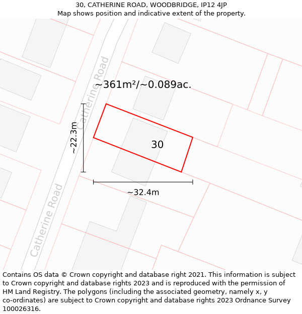 30, CATHERINE ROAD, WOODBRIDGE, IP12 4JP: Plot and title map