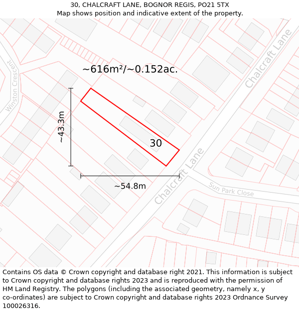 30, CHALCRAFT LANE, BOGNOR REGIS, PO21 5TX: Plot and title map