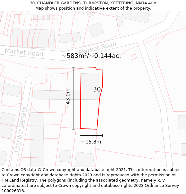 30, CHANDLER GARDENS, THRAPSTON, KETTERING, NN14 4UA: Plot and title map