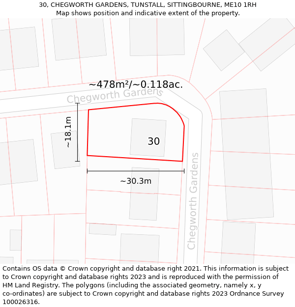 30, CHEGWORTH GARDENS, TUNSTALL, SITTINGBOURNE, ME10 1RH: Plot and title map