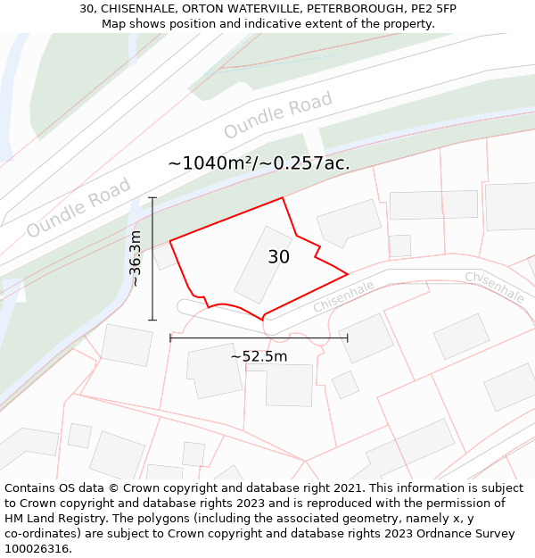 30, CHISENHALE, ORTON WATERVILLE, PETERBOROUGH, PE2 5FP: Plot and title map