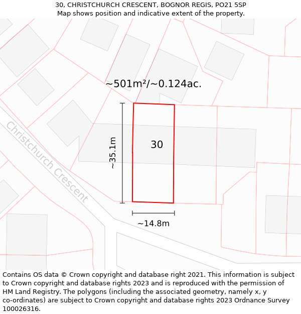 30, CHRISTCHURCH CRESCENT, BOGNOR REGIS, PO21 5SP: Plot and title map