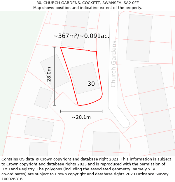 30, CHURCH GARDENS, COCKETT, SWANSEA, SA2 0FE: Plot and title map