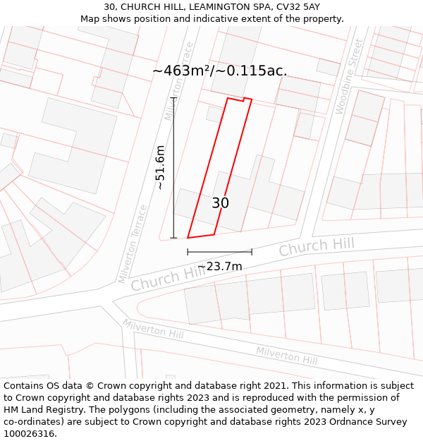 30, CHURCH HILL, LEAMINGTON SPA, CV32 5AY: Plot and title map