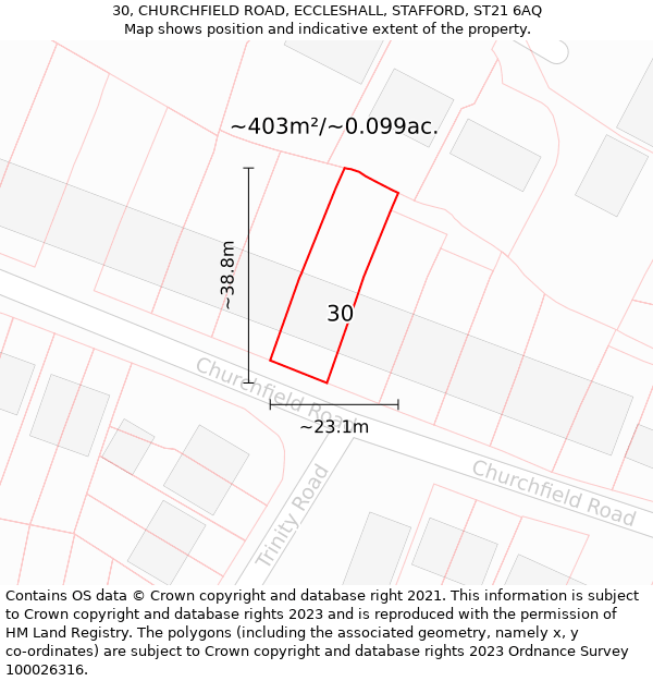 30, CHURCHFIELD ROAD, ECCLESHALL, STAFFORD, ST21 6AQ: Plot and title map