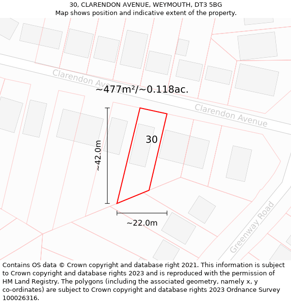 30, CLARENDON AVENUE, WEYMOUTH, DT3 5BG: Plot and title map