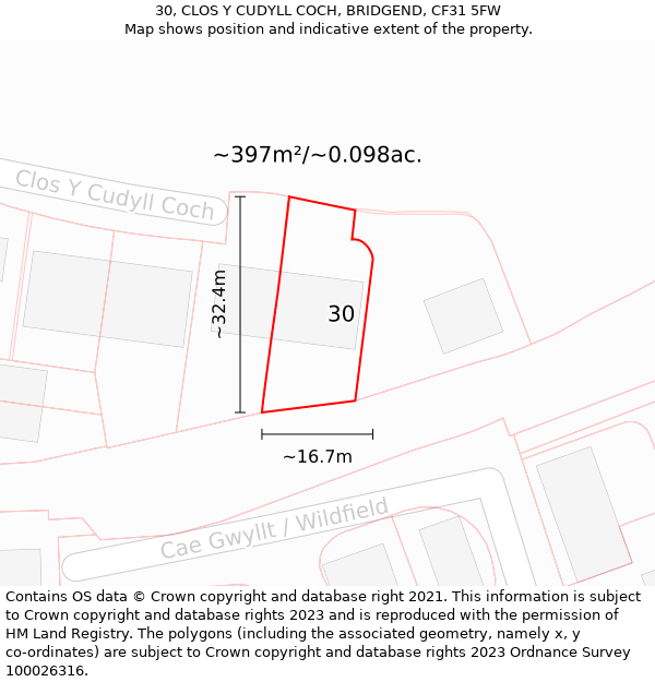 30, CLOS Y CUDYLL COCH, BRIDGEND, CF31 5FW: Plot and title map