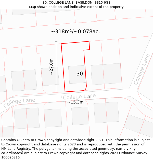 30, COLLEGE LANE, BASILDON, SS15 6GS: Plot and title map