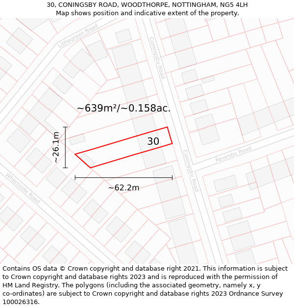 30, CONINGSBY ROAD, WOODTHORPE, NOTTINGHAM, NG5 4LH: Plot and title map