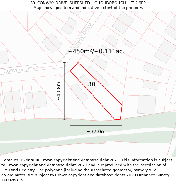 30, CONWAY DRIVE, SHEPSHED, LOUGHBOROUGH, LE12 9PP: Plot and title map