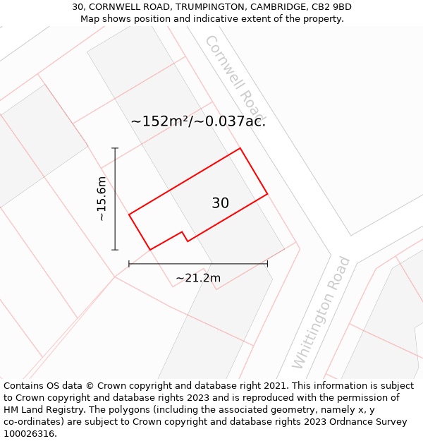 30, CORNWELL ROAD, TRUMPINGTON, CAMBRIDGE, CB2 9BD: Plot and title map