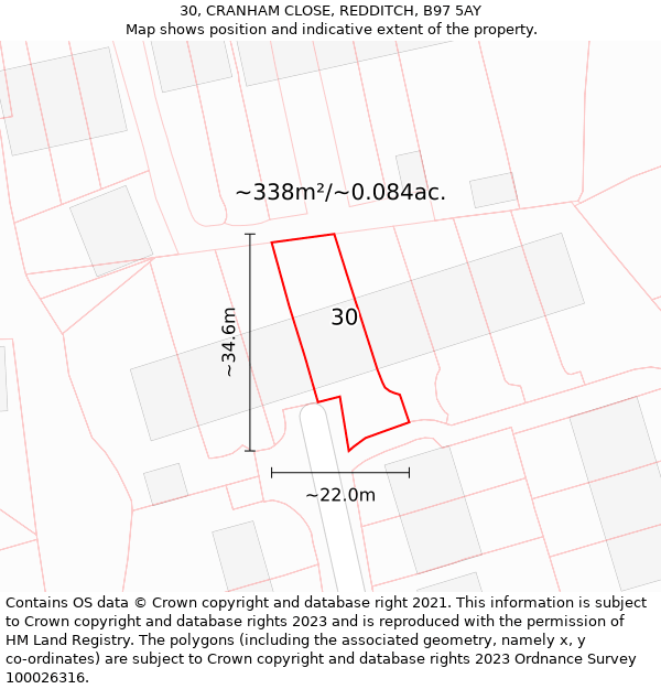 30, CRANHAM CLOSE, REDDITCH, B97 5AY: Plot and title map