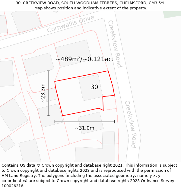 30, CREEKVIEW ROAD, SOUTH WOODHAM FERRERS, CHELMSFORD, CM3 5YL: Plot and title map