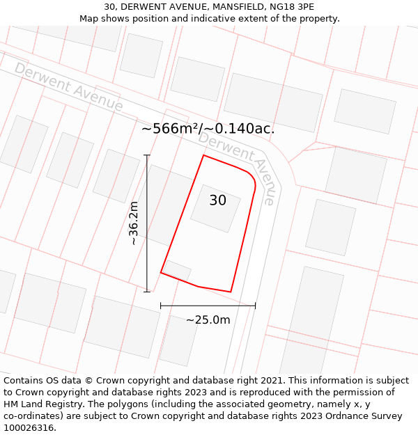 30, DERWENT AVENUE, MANSFIELD, NG18 3PE: Plot and title map