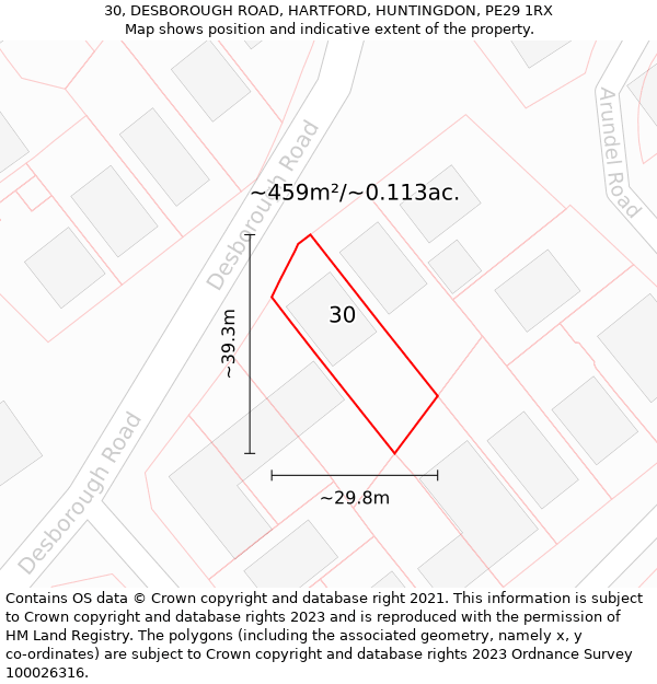 30, DESBOROUGH ROAD, HARTFORD, HUNTINGDON, PE29 1RX: Plot and title map