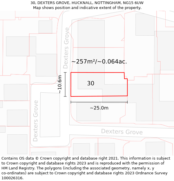 30, DEXTERS GROVE, HUCKNALL, NOTTINGHAM, NG15 6UW: Plot and title map