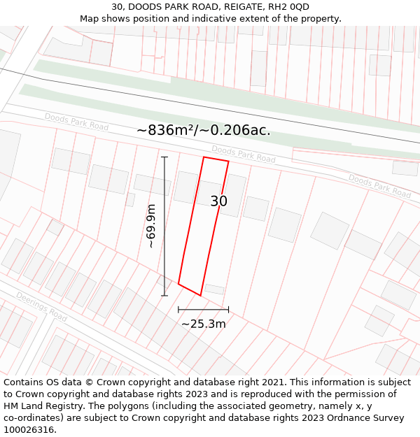 30, DOODS PARK ROAD, REIGATE, RH2 0QD: Plot and title map