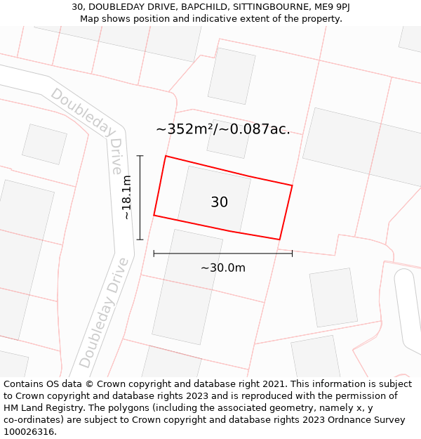 30, DOUBLEDAY DRIVE, BAPCHILD, SITTINGBOURNE, ME9 9PJ: Plot and title map