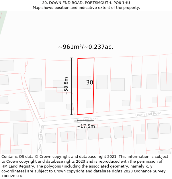 30, DOWN END ROAD, PORTSMOUTH, PO6 1HU: Plot and title map