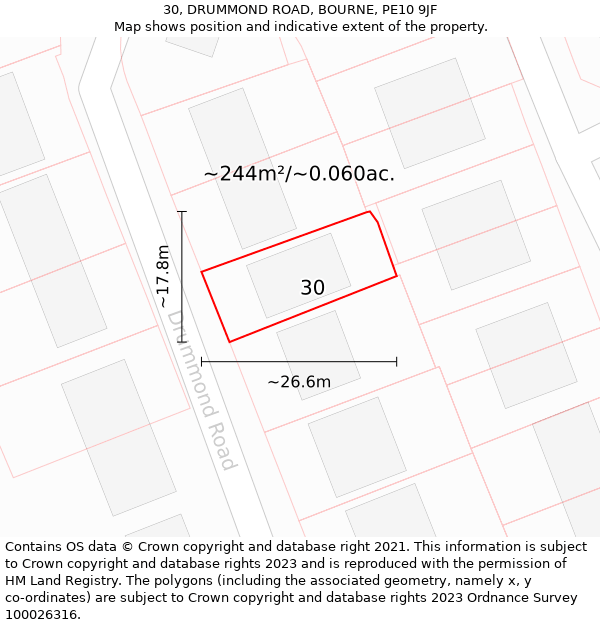 30, DRUMMOND ROAD, BOURNE, PE10 9JF: Plot and title map