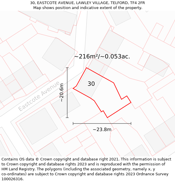 30, EASTCOTE AVENUE, LAWLEY VILLAGE, TELFORD, TF4 2FR: Plot and title map