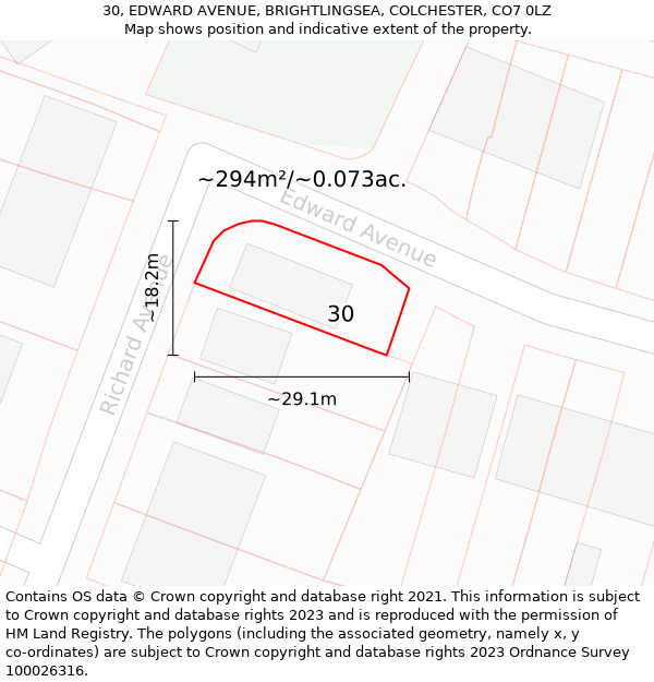 30, EDWARD AVENUE, BRIGHTLINGSEA, COLCHESTER, CO7 0LZ: Plot and title map