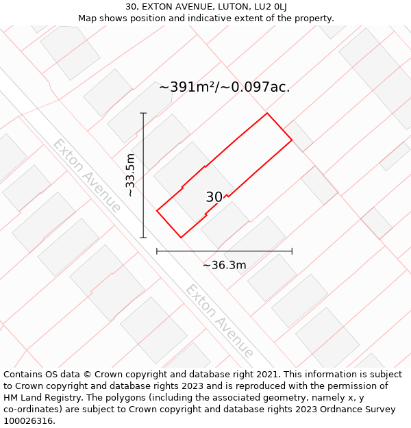 30, EXTON AVENUE, LUTON, LU2 0LJ: Plot and title map