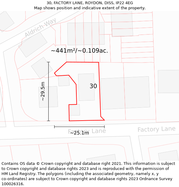 30, FACTORY LANE, ROYDON, DISS, IP22 4EG: Plot and title map